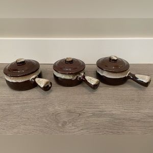 Set of three handmade French onion soup bowls. Each one is slightly different.